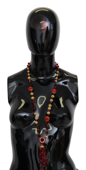 Dolce & Gabbana Gold Tone Brass Red Crystals Pendant Opera Chain Necklace Dolce & Gabbana Gold Tone Brass Red Crystals Pendant Opera Chain Necklace