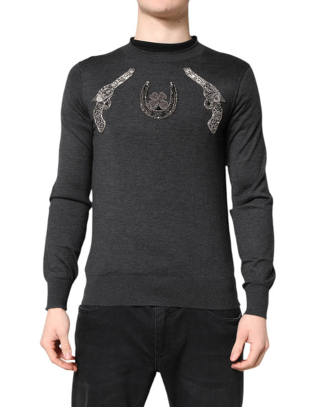 Dolce & Gabbana Gray Embroidery Knit Men Pullover Sweater Dolce & Gabbana Gray Embroidery Knit Men Pullover Sweater