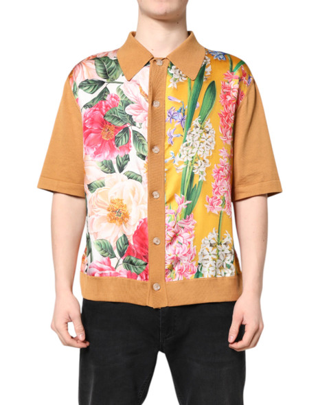 Brown Floral Collared Short Sleeve T-shirt Brown Floral Collared Short Sleeve T-shirt