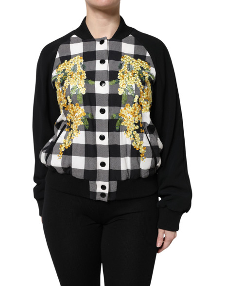 Black White Check Floral Button Down Jacket Black White Check Floral Button Down Jacket