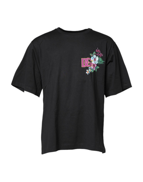 Dolce & Gabbana Black Cotton DG Floral Print Crewneck T-shirt Dolce & Gabbana Black Cotton DG Floral Print Crewneck T-shirt