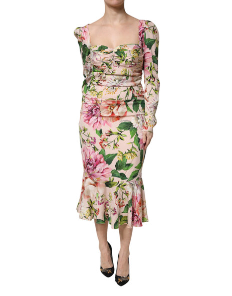 Pink Floral Silk Fit And Flared Midi Dress Pink Floral Silk Fit And Flared Midi Dress