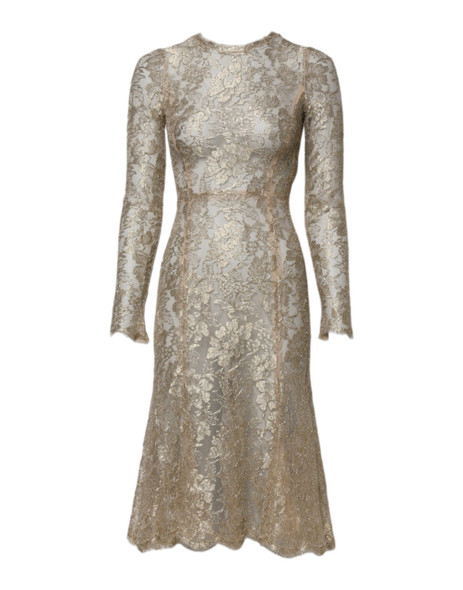 Gold Floral Lace Long Sleeves Fit & Flare Dress Gold Floral Lace Long Sleeves Fit & Flare Dress
