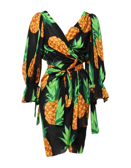 Black Pineapple Print Silk Wrap Mini Dress Black Pineapple Print Silk Wrap Mini Dress