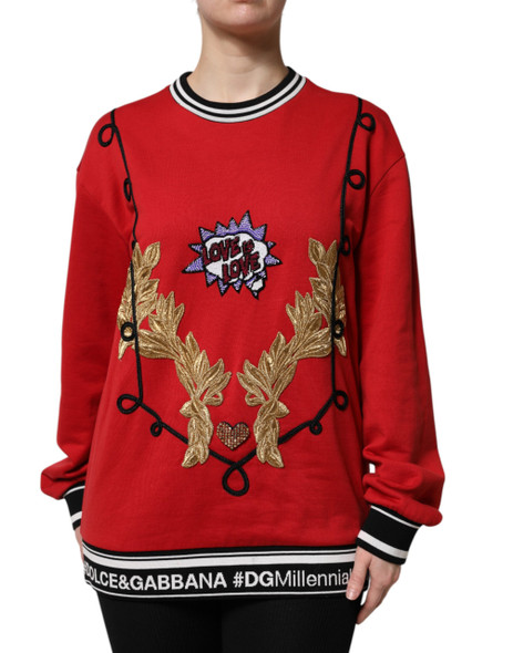 Dolce & Gabbana Red Cotton Queen Sequined Pullover Sweater Dolce & Gabbana Red Cotton Queen Sequined Pullover Sweater