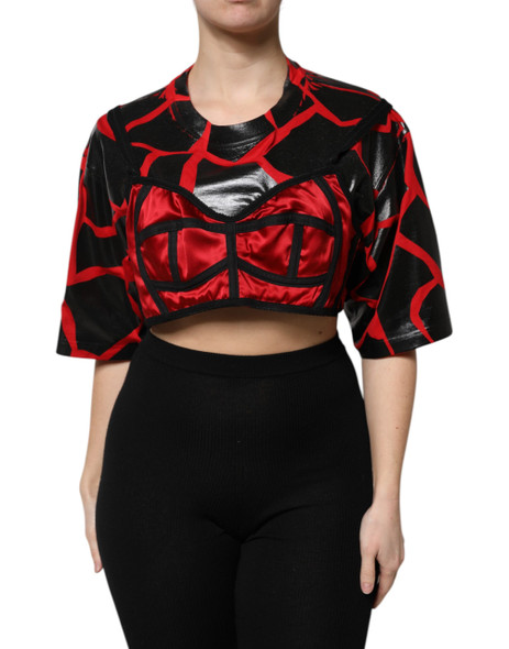 Red Black Cotton Bustier Detailing Cropped Top Red Black Cotton Bustier Detailing Cropped Top