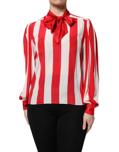Dolce & Gabbana Red White Stripes Ascot Collar Blouse Top Dolce & Gabbana Red White Stripes Ascot Collar Blouse Top