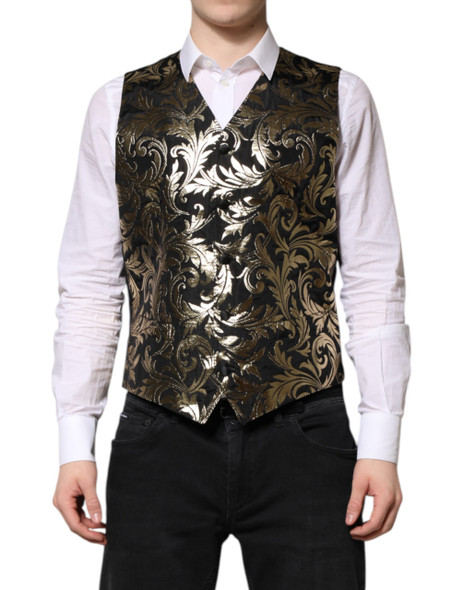 Dolce & Gabbana Black Gold Jacquard Formal Men Waistcoat Vest Dolce & Gabbana Black Gold Jacquard Formal Men Waistcoat Vest