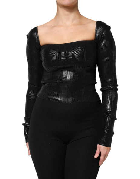 Black Viscose Long Sleeves Fitted Blouse Top Black Viscose Long Sleeves Fitted Blouse Top