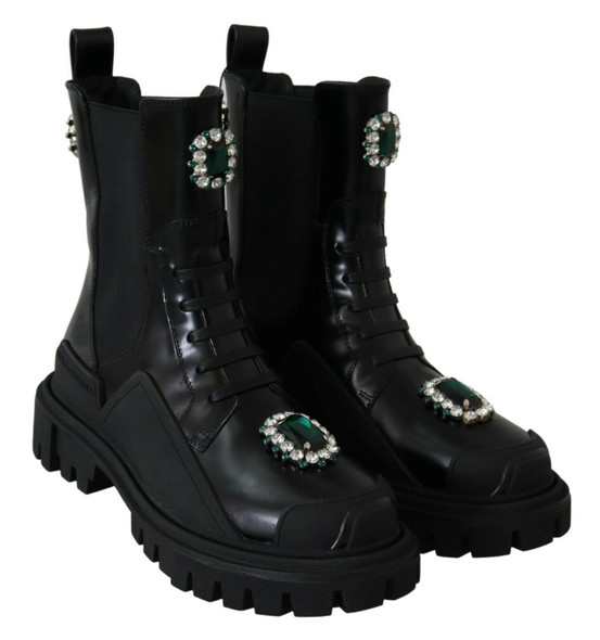 Dolce & Gabbana Black Leather Crystal Combat Boots Dolce & Gabbana Black Leather Crystal Combat Boots