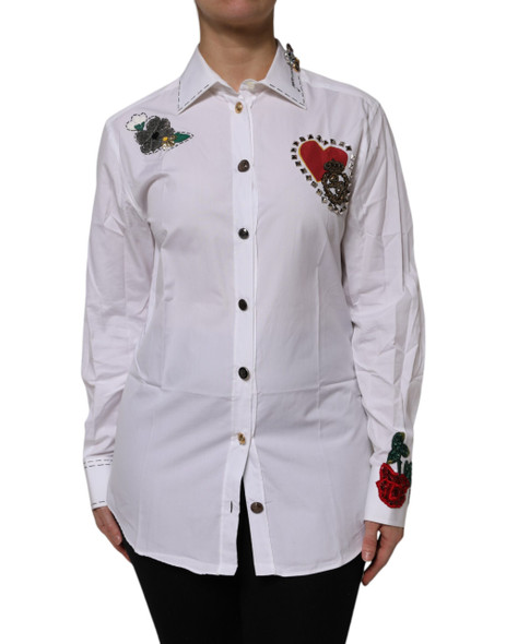 Dolce & Gabbana White Cotton Floral Embellished Shirt Top Dolce & Gabbana White Cotton Floral Embellished Shirt Top