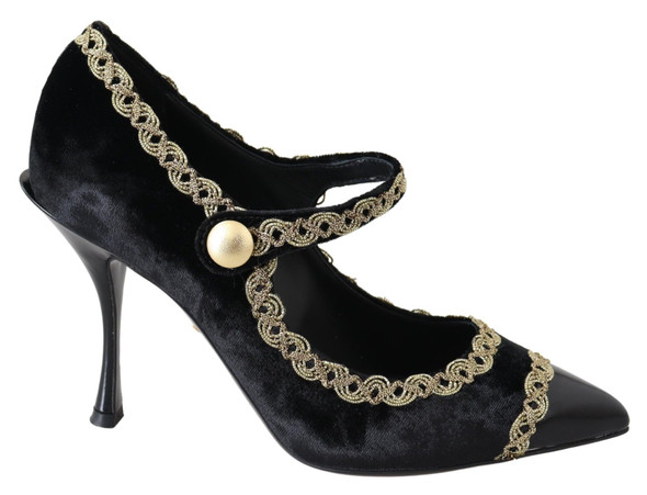 Dolce & Gabbana Black Velvet Gold Mary Janes Pumps Dolce & Gabbana Black Velvet Gold Mary Janes Pumps