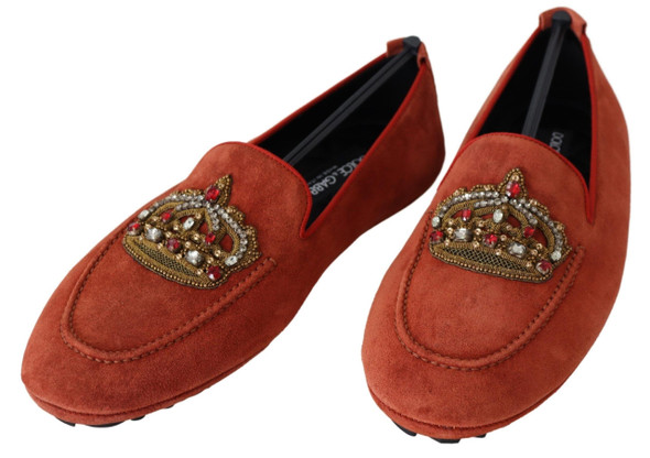 Orange Leather Crystal Crown Loafers Shoes Orange Leather Crystal Crown Loafers Shoes