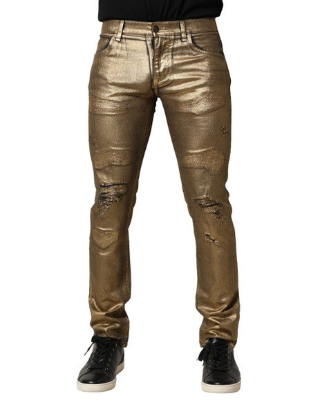 Dolce & Gabbana Gold Tattered Cotton Stretch Slim Denim Jeans Dolce & Gabbana Gold Tattered Cotton Stretch Slim Denim Jeans