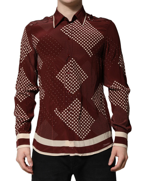 Dolce & Gabbana Maroon Dotted Silk Long Sleeve Casual Shirt Dolce & Gabbana Maroon Dotted Silk Long Sleeve Casual Shirt