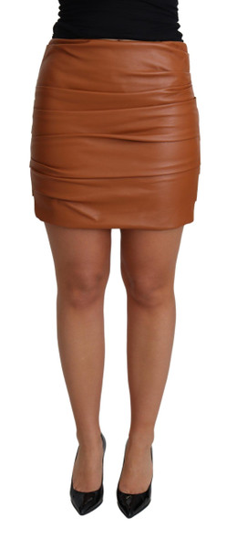 Dolce & Gabbana Brown Lambskin High Waist Mini Pleated Skirt Dolce & Gabbana Brown Lambskin High Waist Mini Pleated Skirt