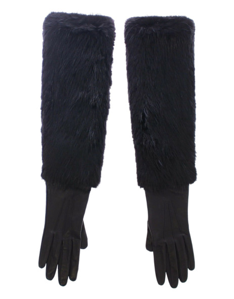Black Beaver Fur Lambskin Leather Elbow Gloves Black Beaver Fur Lambskin Leather Elbow Gloves