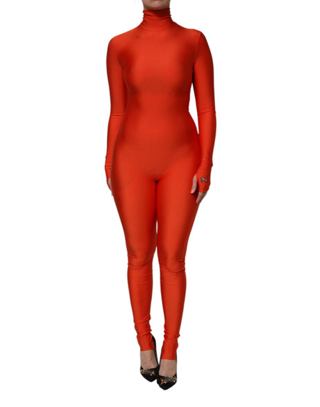 Red Nylon Turtleneck Bodycon Jumpsuit Dress Red Nylon Turtleneck Bodycon Jumpsuit Dress
