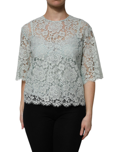 Dolce & Gabbana Mint Green Floral Lace Cotton Blouse Top Dolce & Gabbana Mint Green Floral Lace Cotton Blouse Top