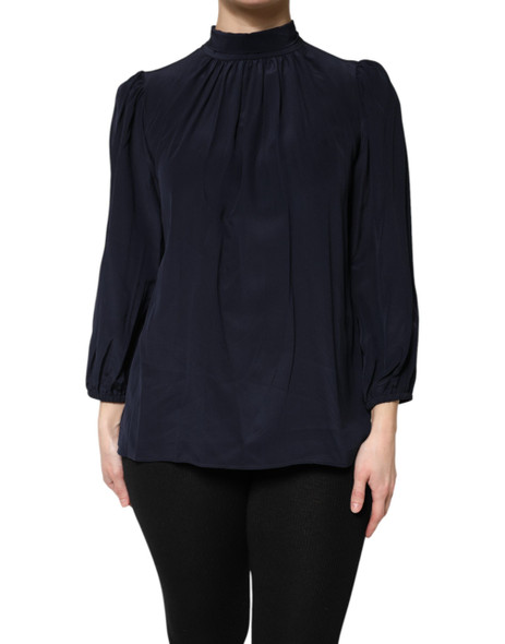 Blue Silk Mock Neck Long Sleeves Blouse Top Blue Silk Mock Neck Long Sleeves Blouse Top