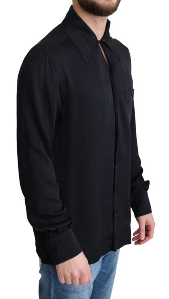 Black Jacquard Silk Casual Button Down Shirt Black Jacquard Silk Casual Button Down Shirt