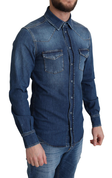 Blue Cotton Stretch Long Sleeves Denim Shirt Blue Cotton Stretch Long Sleeves Denim Shirt