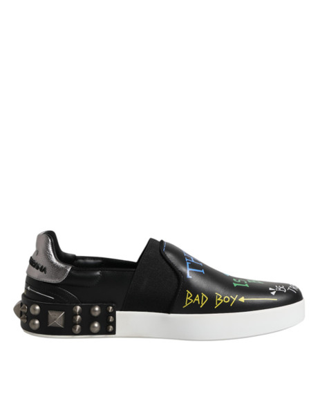 Dolce & Gabbana Black Leather Studded Graffiti Sneakers Shoes Dolce & Gabbana Black Leather Studded Graffiti Sneakers Shoes