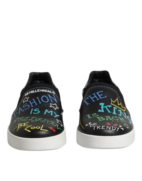 Dolce & Gabbana Black Leather Studded Graffiti Sneakers Shoes Dolce & Gabbana Black Leather Studded Graffiti Sneakers Shoes
