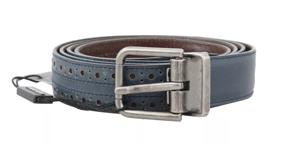 Dolce & Gabbana Blue Perforated Leather Gray Buckle Belt Dolce & Gabbana Blue Perforated Leather Gray Buckle Belt