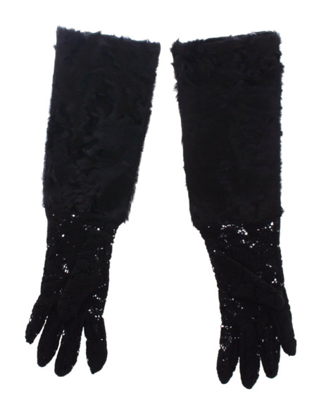 Black Lace Wool Lambskin Fur Elbow Gloves Black Lace Wool Lambskin Fur Elbow Gloves