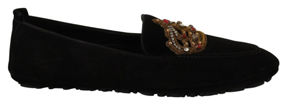 Black Leather Crystal Gold Crown Loafers Shoes Black Leather Crystal Gold Crown Loafers Shoes