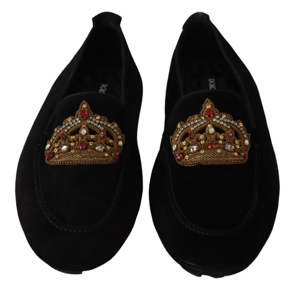 Black Leather Crystal Gold Crown Loafers Shoes Black Leather Crystal Gold Crown Loafers Shoes