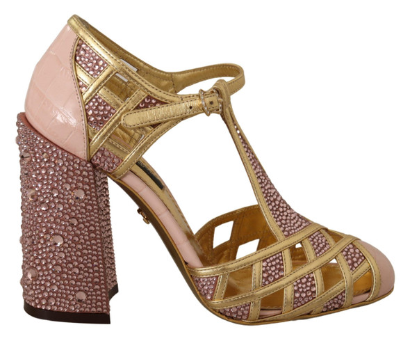 Dolce & Gabbana Pink Gold Leather Crystal Pumps T-strap Shoes Dolce & Gabbana Pink Gold Leather Crystal Pumps T-strap Shoes