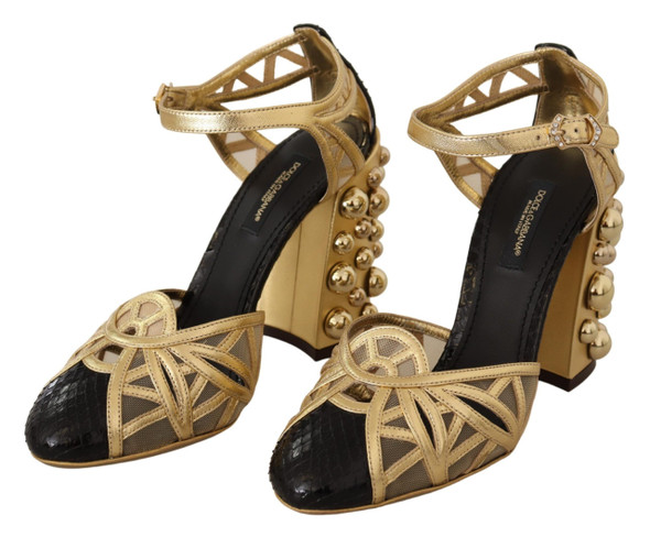 Black Gold Leather Studded Ankle Straps Shoes Black Gold Leather Studded Ankle Straps Shoes