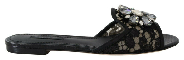 Dolce & Gabbana Black Taormina Lace Slides Crystals Flats Shoes Dolce & Gabbana Black Taormina Lace Slides Crystals Flats Shoes
