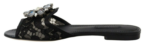 Black Taormina Lace Slides Crystals Flats Shoes Black Taormina Lace Slides Crystals Flats Shoes
