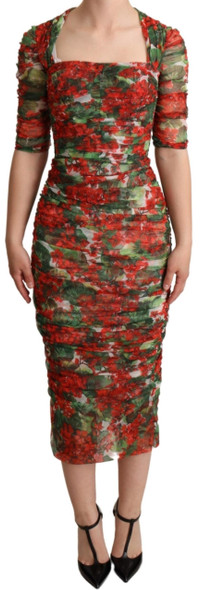 Red Floral Print Tulle Sheath Midi Dress Red Floral Print Tulle Sheath Midi Dress