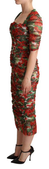 Red Floral Print Tulle Sheath Midi Dress Red Floral Print Tulle Sheath Midi Dress