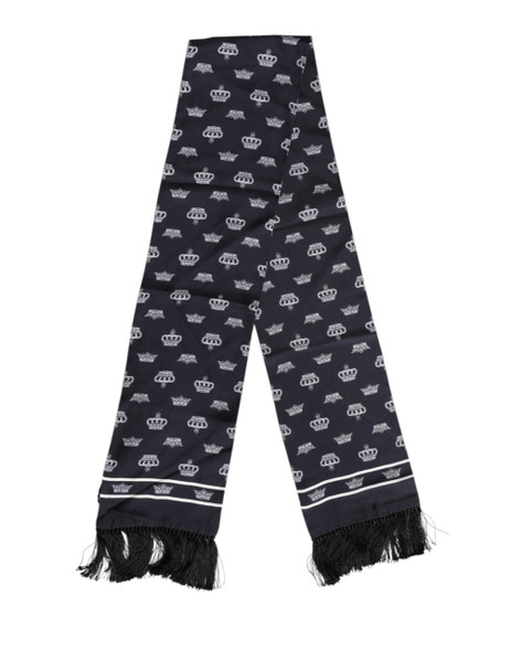 Dolce & Gabbana Black Silk Crown Fringes Men Foulard Scarf Dolce & Gabbana Black Silk Crown Fringes Men Foulard Scarf