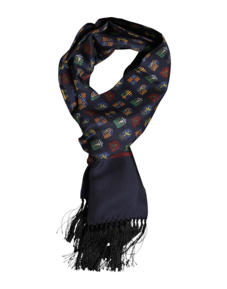 Blue Silk Printed Fringes Foulard Scarf Blue Silk Printed Fringes Foulard Scarf