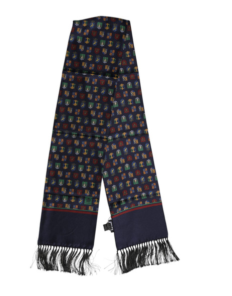 Blue Silk Printed Fringes Foulard Scarf Blue Silk Printed Fringes Foulard Scarf