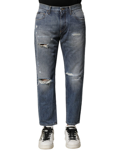 Blue Washed Tattered Straight Fit Denim Jeans Blue Washed Tattered Straight Fit Denim Jeans