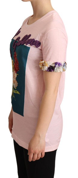 Pink Cotton Floral Roses Crewneck T-shirt Pink Cotton Floral Roses Crewneck T-shirt