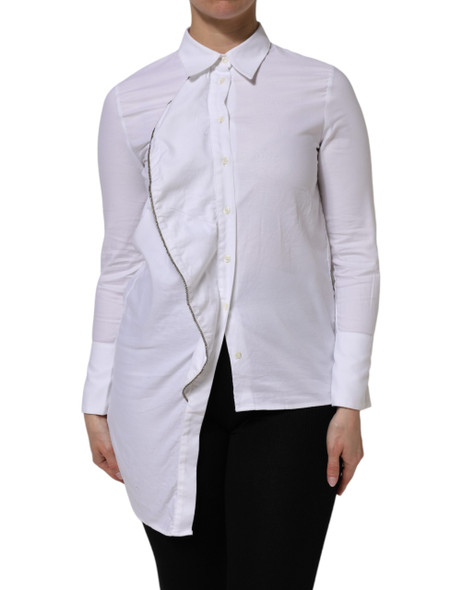 AGLINI White Cotton Collared Long Sleeves Ruffle Top Shirt AGLINI White Cotton Collared Long Sleeves Ruffle Top Shirt