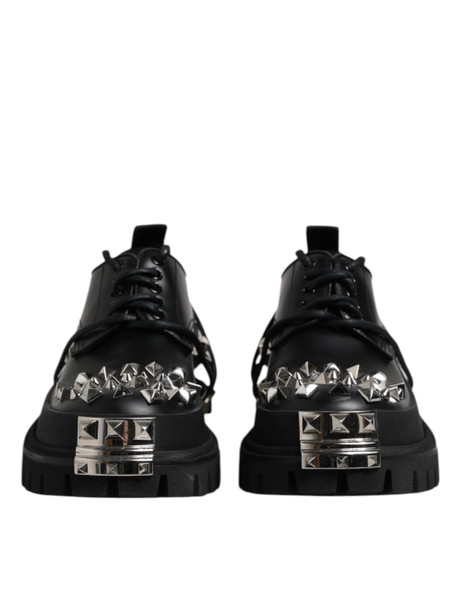 Dolce & Gabbana Black Leather Embellished Trekking Derby Shoes Dolce & Gabbana Black Leather Embellished Trekking Derby Shoes