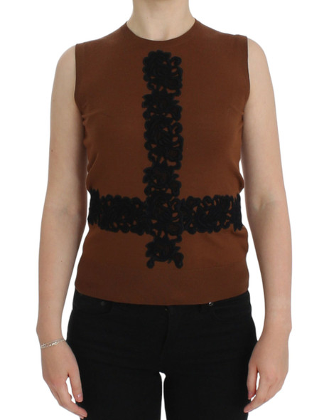 Dolce & Gabbana Brown Wool Black Lace Vest Sweater Top Dolce & Gabbana Brown Wool Black Lace Vest Sweater Top