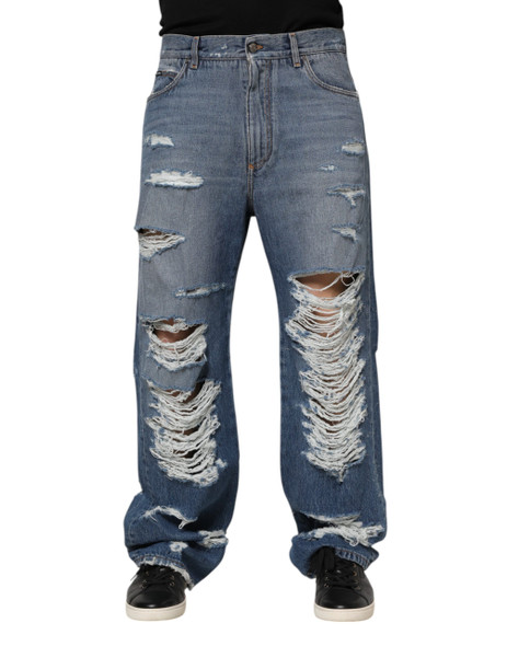 Dolce & Gabbana Blue Tattered Cotton Logo Plaque Denim Jeans Dolce & Gabbana Blue Tattered Cotton Logo Plaque Denim Jeans