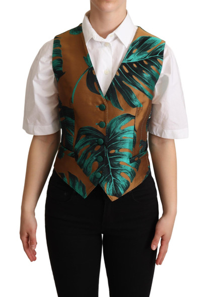 Dolce & Gabbana Green Jacquard Leaf Gold Waistcoat Vest Dolce & Gabbana Green Jacquard Leaf Gold Waistcoat Vest