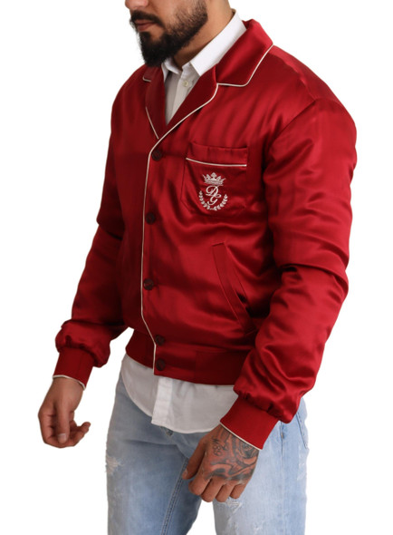 Dolce & Gabbana Red Silk Button DG Logo Bomber Jacket Dolce & Gabbana Red Silk Button DG Logo Bomber Jacket