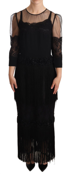 Dolce & Gabbana Black Sheer Floral Lace Crystal Maxi Dress Dolce & Gabbana Black Sheer Floral Lace Crystal Maxi Dress